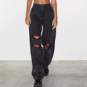 Motel Denim Black Relaxed wide leg Jeans distressed knees high waist S